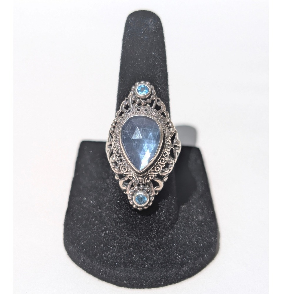 Sarda Sterling Silver 925 Blue Topaz Filigree Statement Ring Size 6 Bali Boho‎